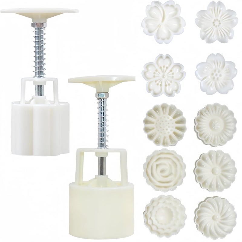 Accfore 2 Pack Moon Cake Mold,50g Moon Cake Press Mould Maker Hand Printed Flower Cutter Baking Tools with 10 Stamps - Image 1